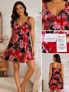 Y2K Adonna Floral Satin Chemise Nightgown Large Red Pink Black Rose Vintage